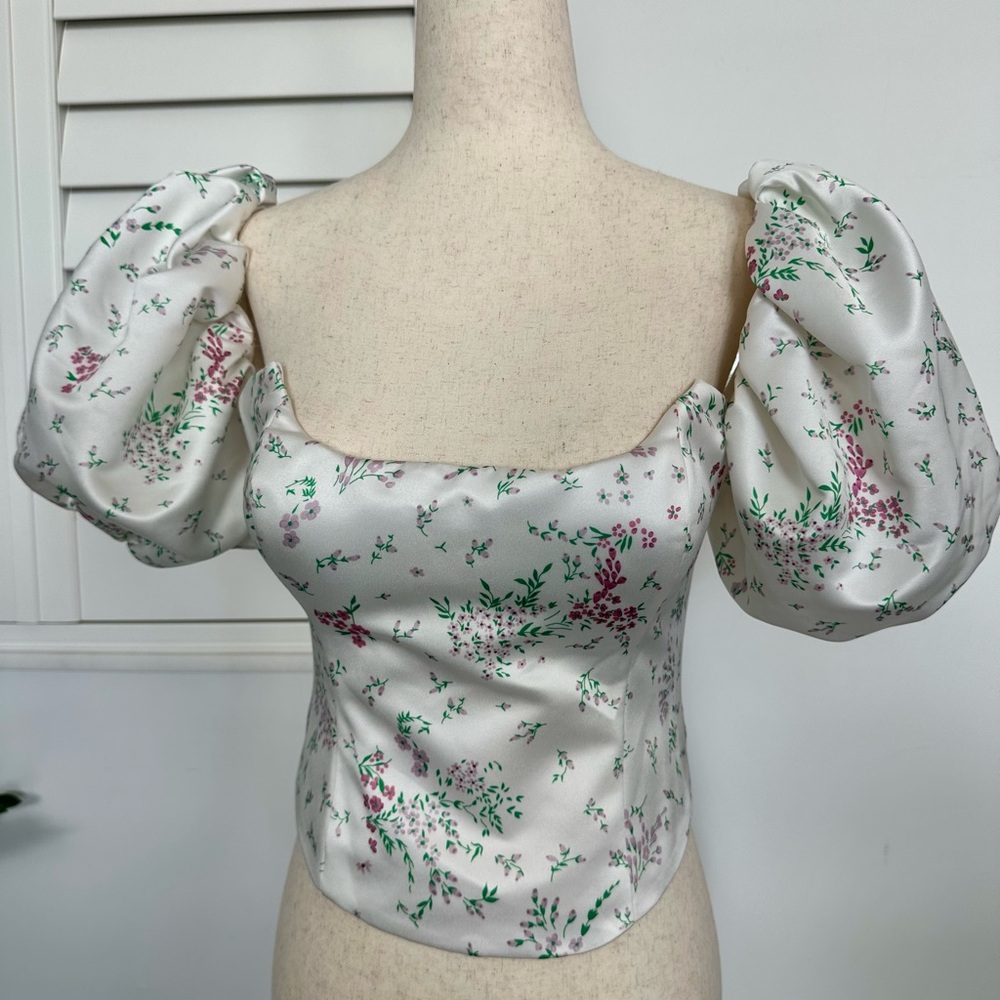 NWOT POST MERIDIEM Floral Puffy Sleeve Bustier Top - Picture 2 of 7